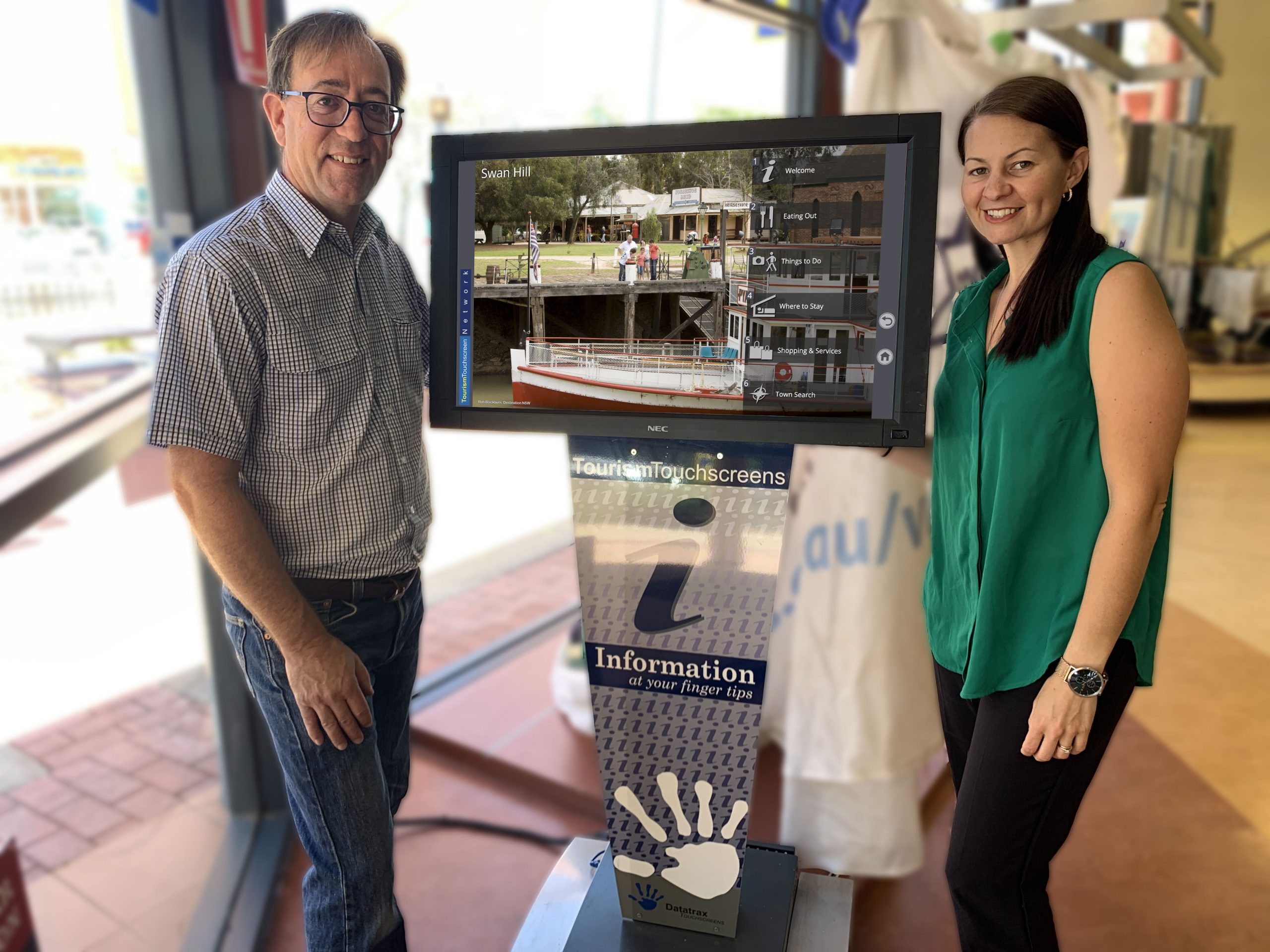 Bec Lyons Tourism Officer at the Swan Hill Visitor Centre, with Paul Buckley