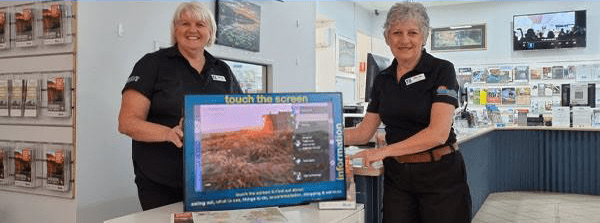 GM Kununurra Visitor Center Vivienne McEvoy, and Lynda one of the Tourism Officers with one of the 200 consultation Touchscreens Nationally.